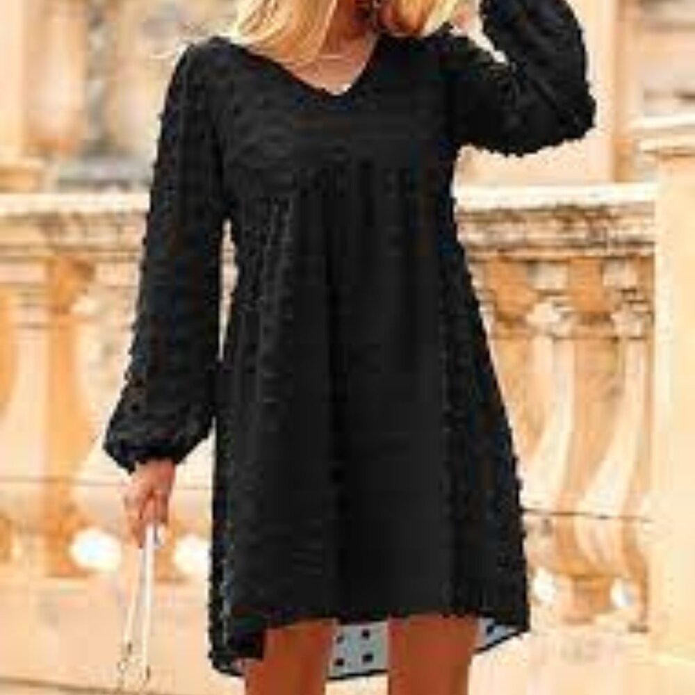 Black Babydoll Dress V Neck Swiss Dot Sheer Sleeves Size M